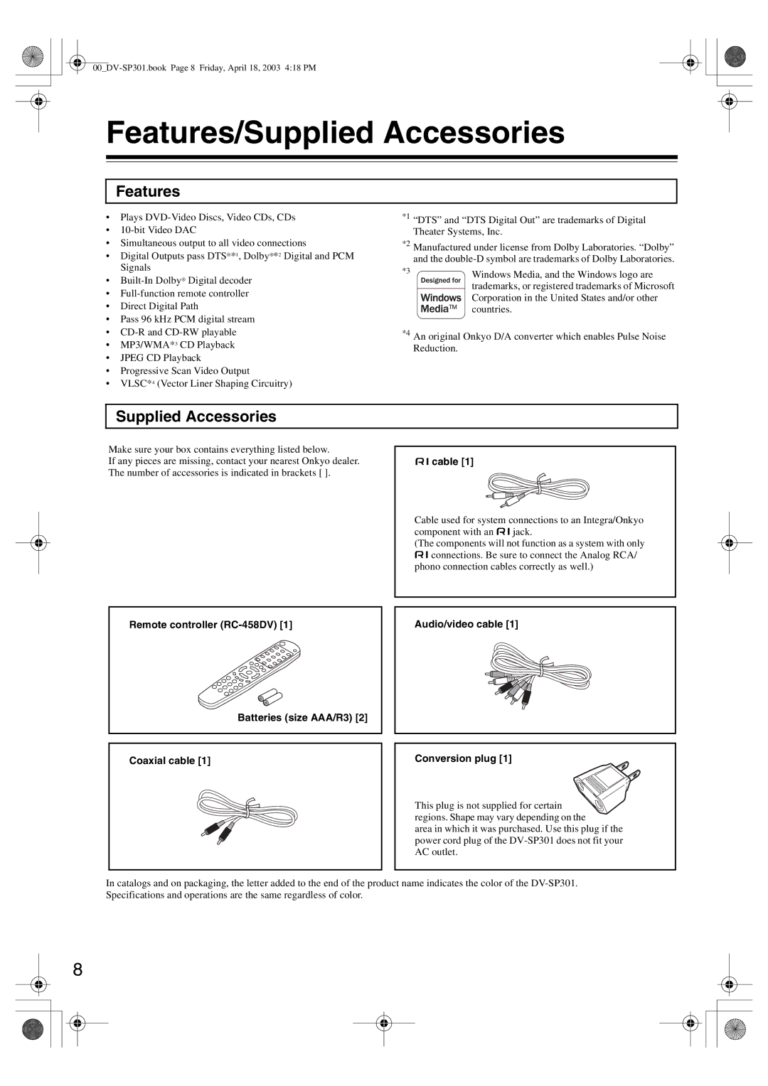 Integra DV-SP301 instruction manual Features/Supplied Accessories, Cable 