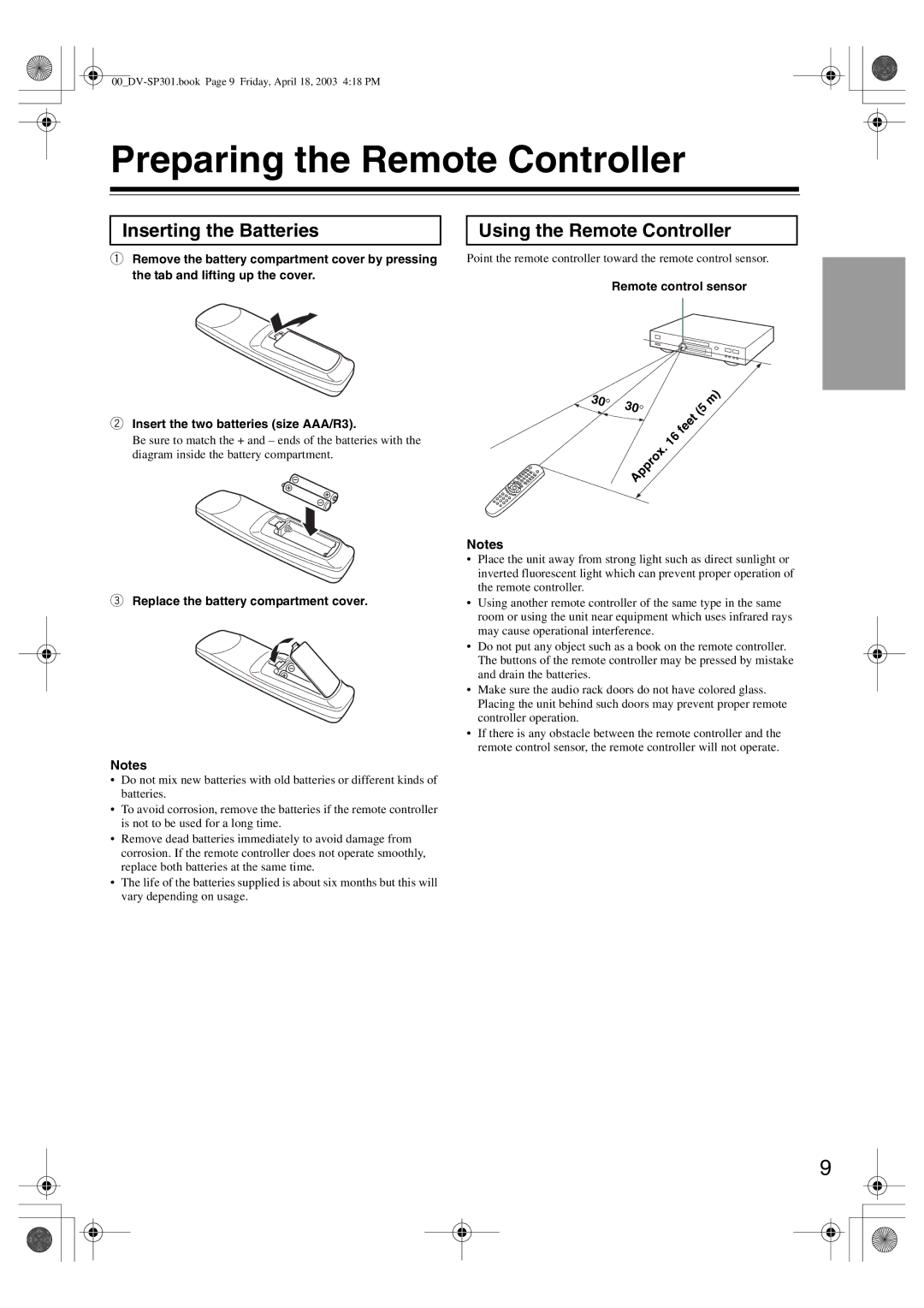 Integra DV-SP301 instruction manual Preparing the Remote Controller, Inserting the Batteries, Using the Remote Controller 