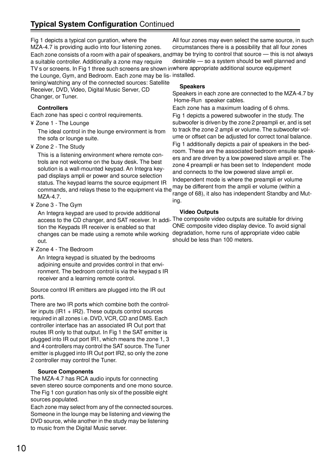 Integra MZA-4.7 instruction manual Typical System Conﬁguration, Controllers, Source Components, Speakers, Video Outputs 