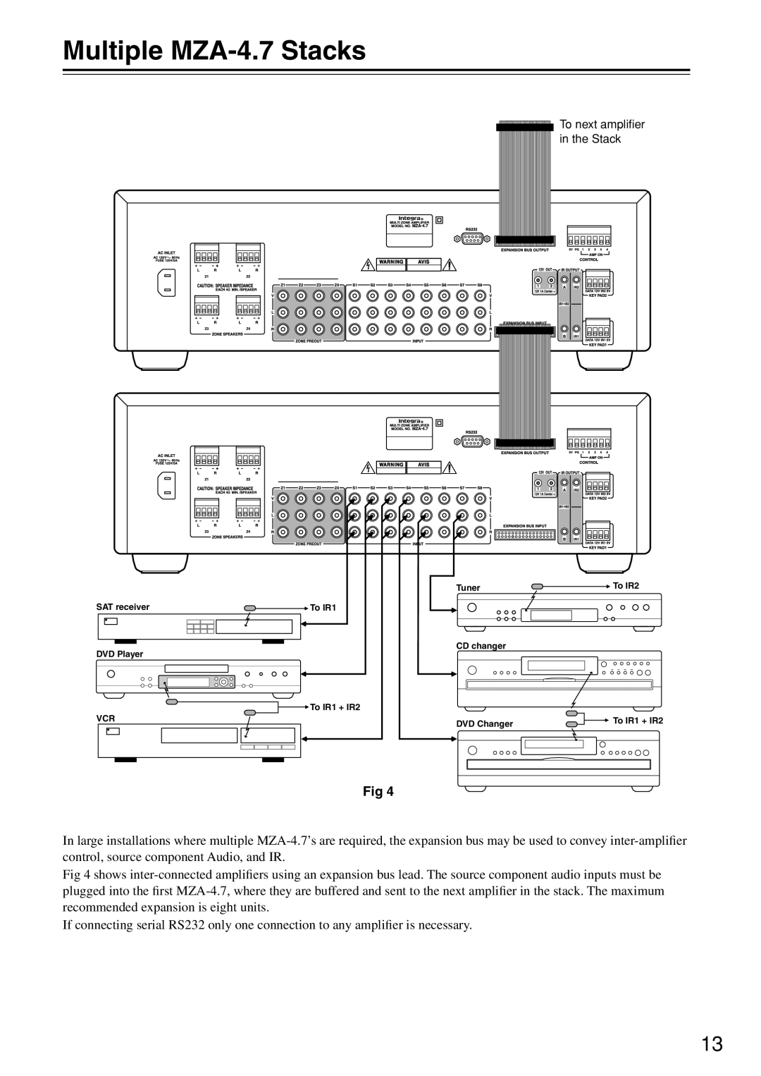 Integra instruction manual Multiple MZA-4.7 Stacks, To next ampliﬁer in the Stack 