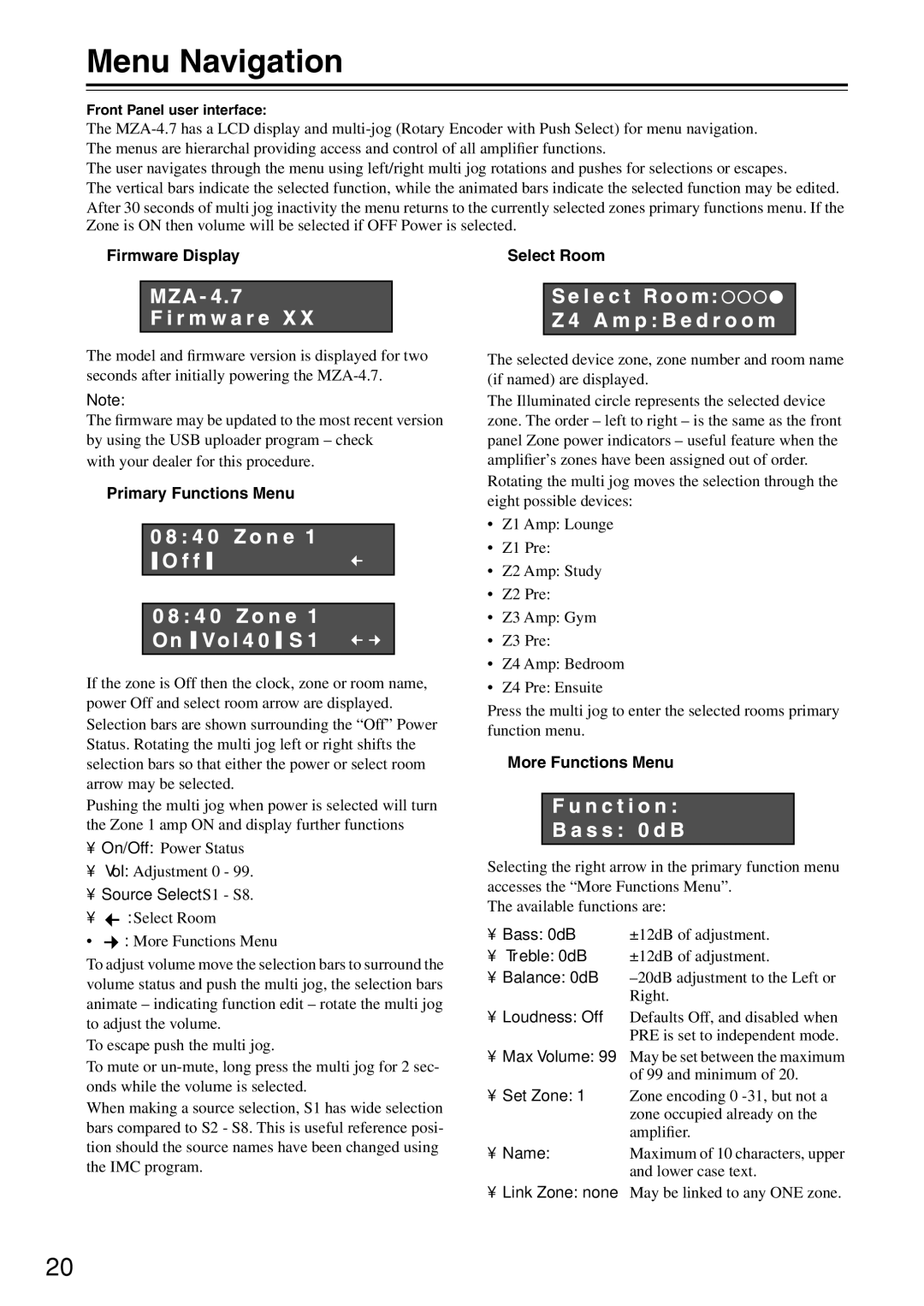Integra MZA-4.7 Menu Navigation, Firmware Display Select Room, Primary Functions Menu, More Functions Menu 