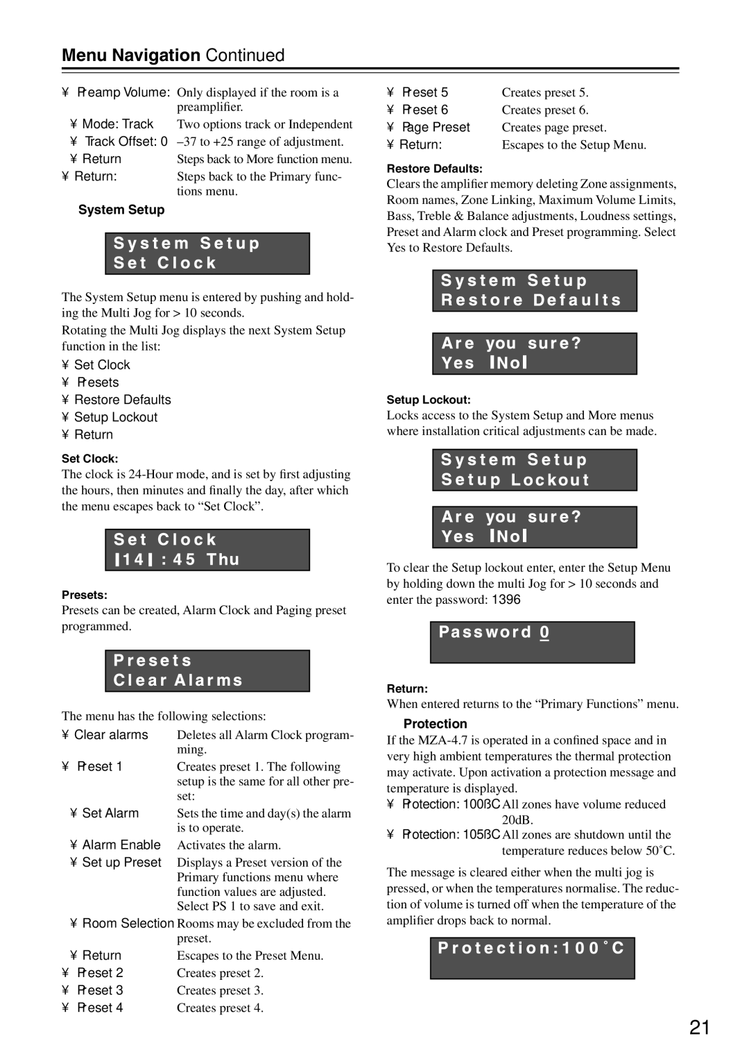 Integra MZA-4.7 instruction manual Menu Navigation, System Setup, Protection 