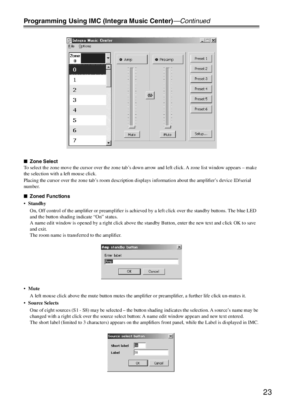 Integra MZA-4.7 instruction manual Programming Using IMC Integra Music Center, Zone Select, Zoned Functions 