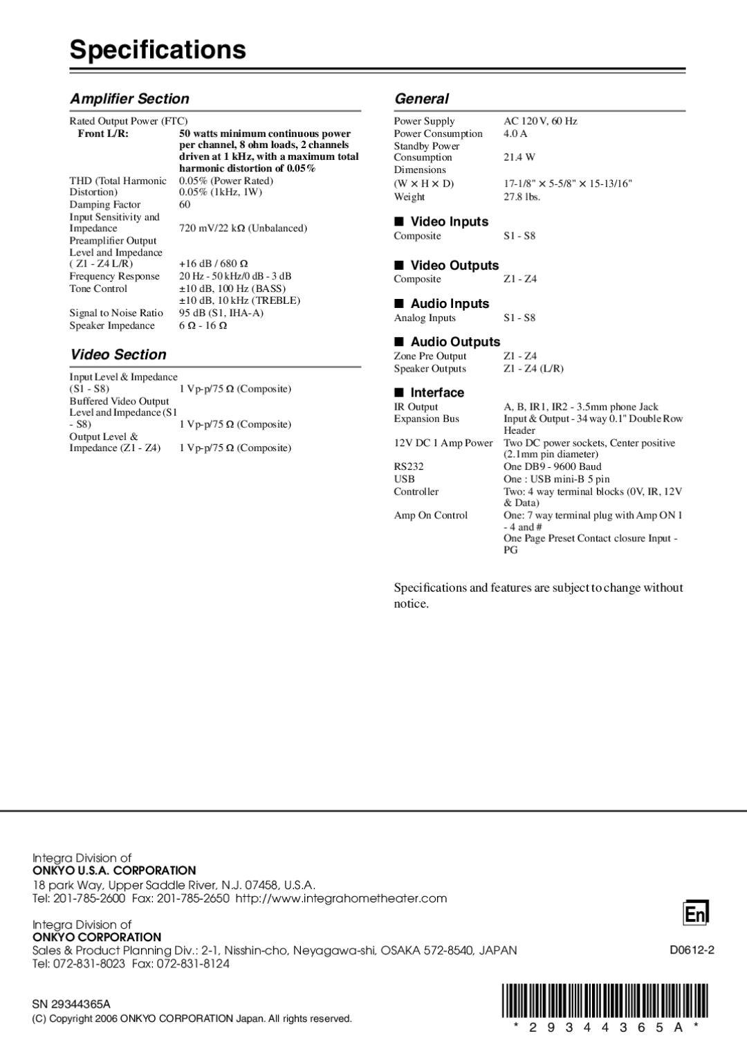 Integra MZA-4.7 instruction manual Speciﬁcations, Video Inputs, Audio Inputs, Audio Outputs, Interface 