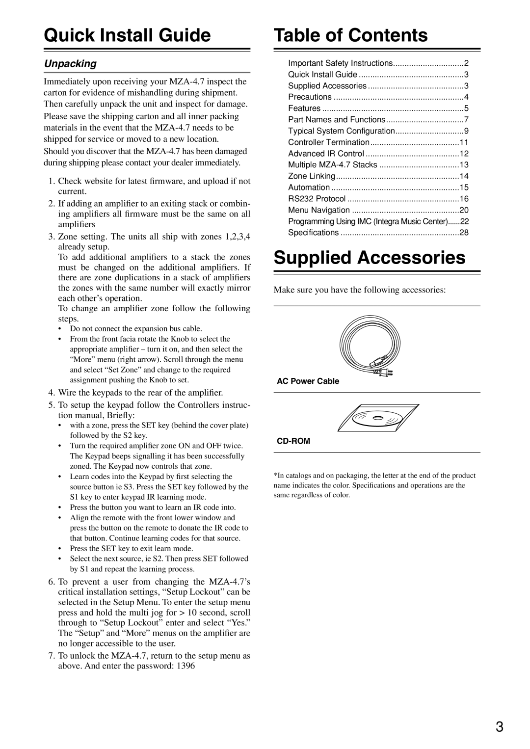 Integra MZA-4.7 instruction manual Quick Install Guide, Table of Contents, Supplied Accessories 