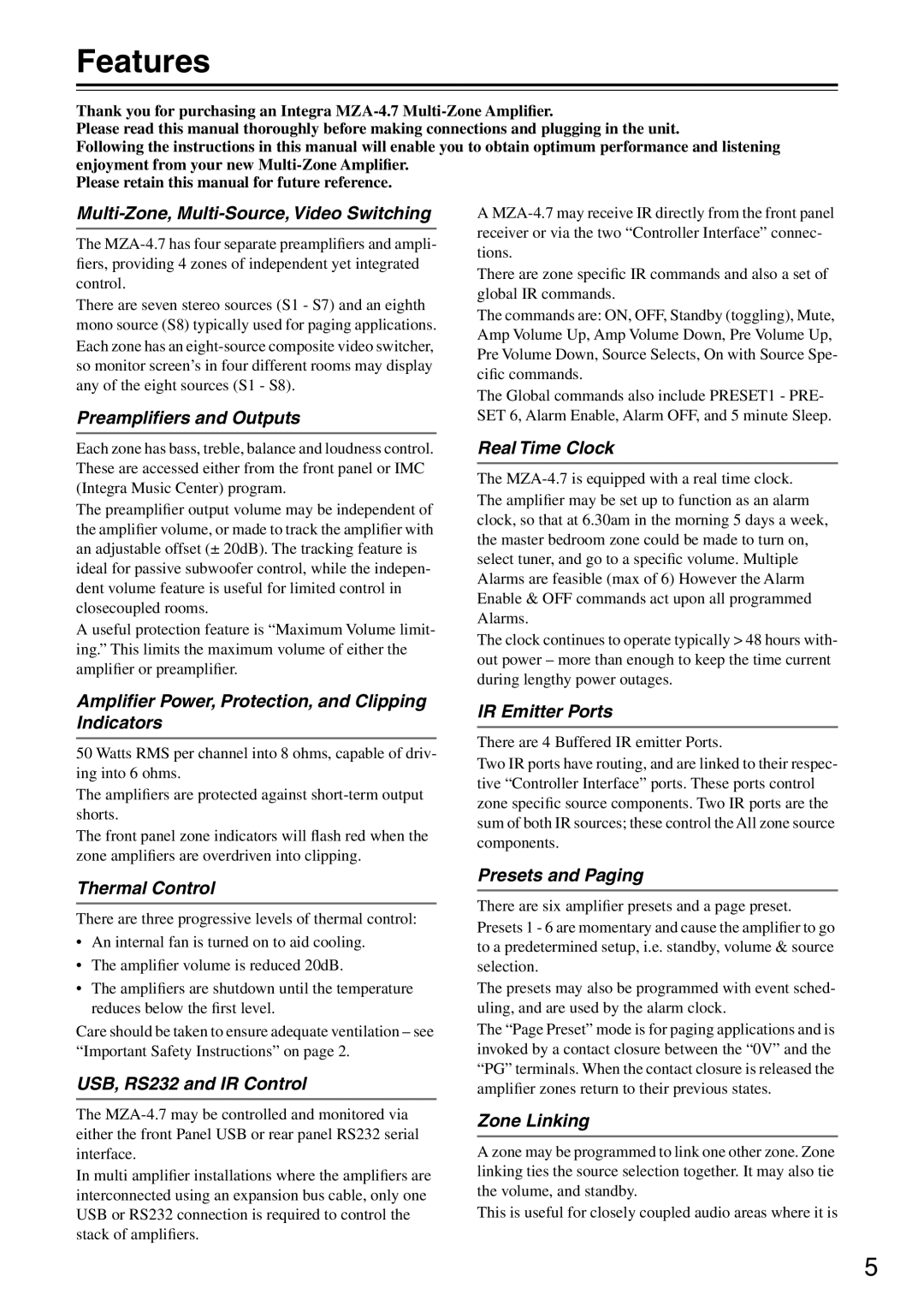 Integra MZA-4.7 instruction manual Features, Multi-Zone, Multi-Source, Video Switching 