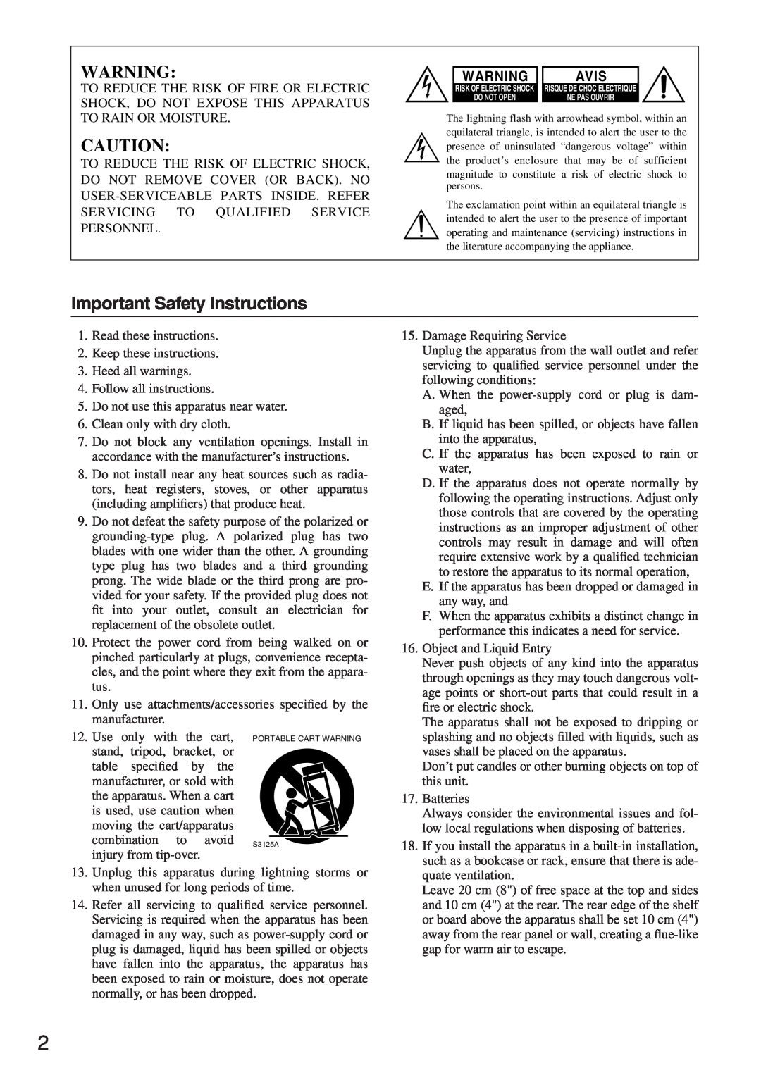 Integra MZA-4.7 instruction manual Important Safety Instructions, Avis 