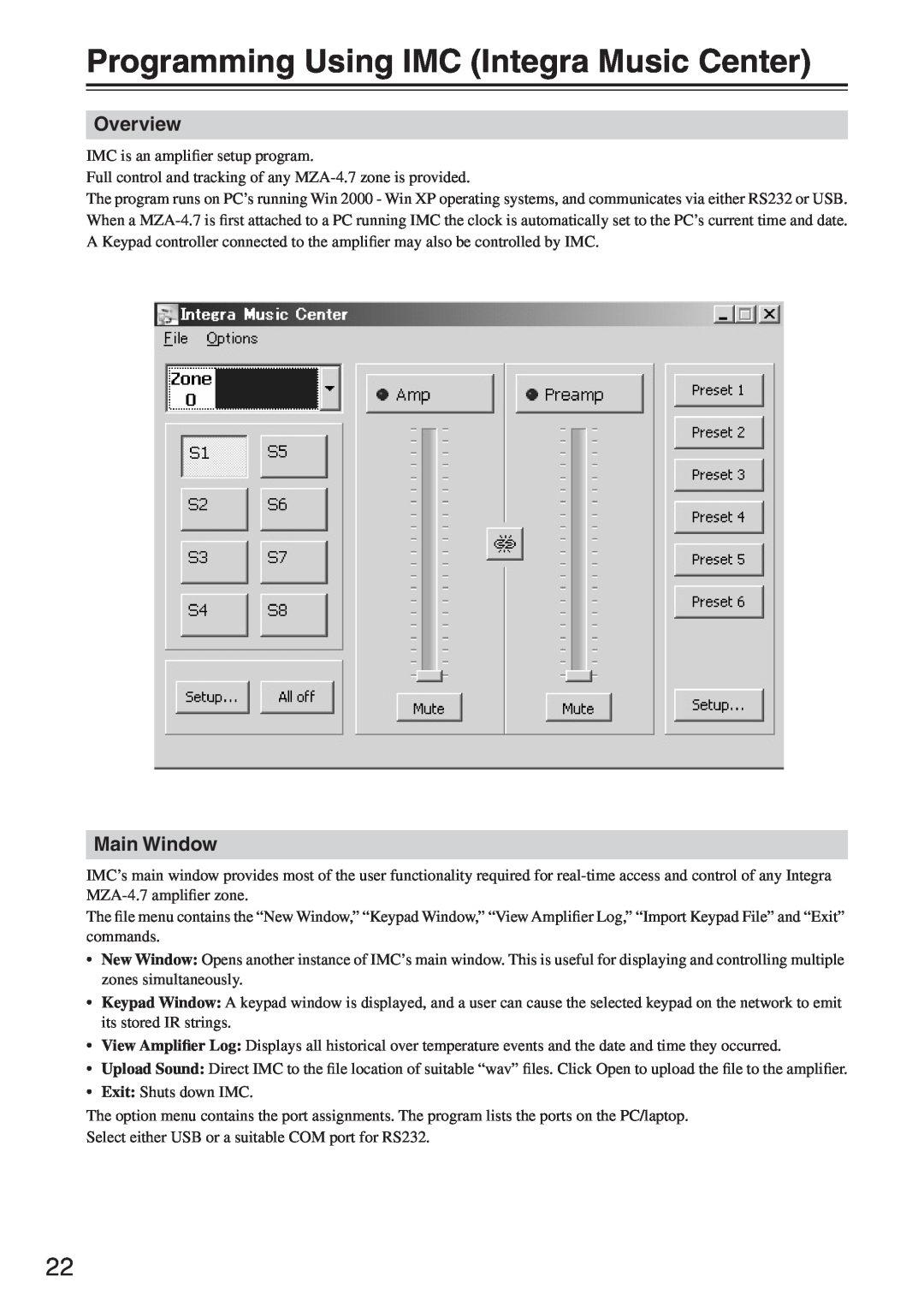Integra MZA-4.7 instruction manual Programming Using IMC Integra Music Center, Overview, Main Window 