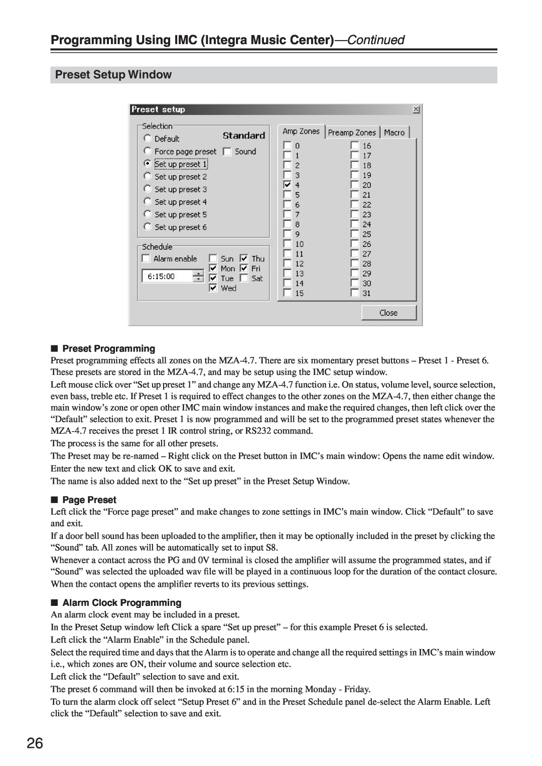 Integra MZA-4.7 instruction manual Preset Setup Window, Preset Programming, Page Preset, Alarm Clock Programming 