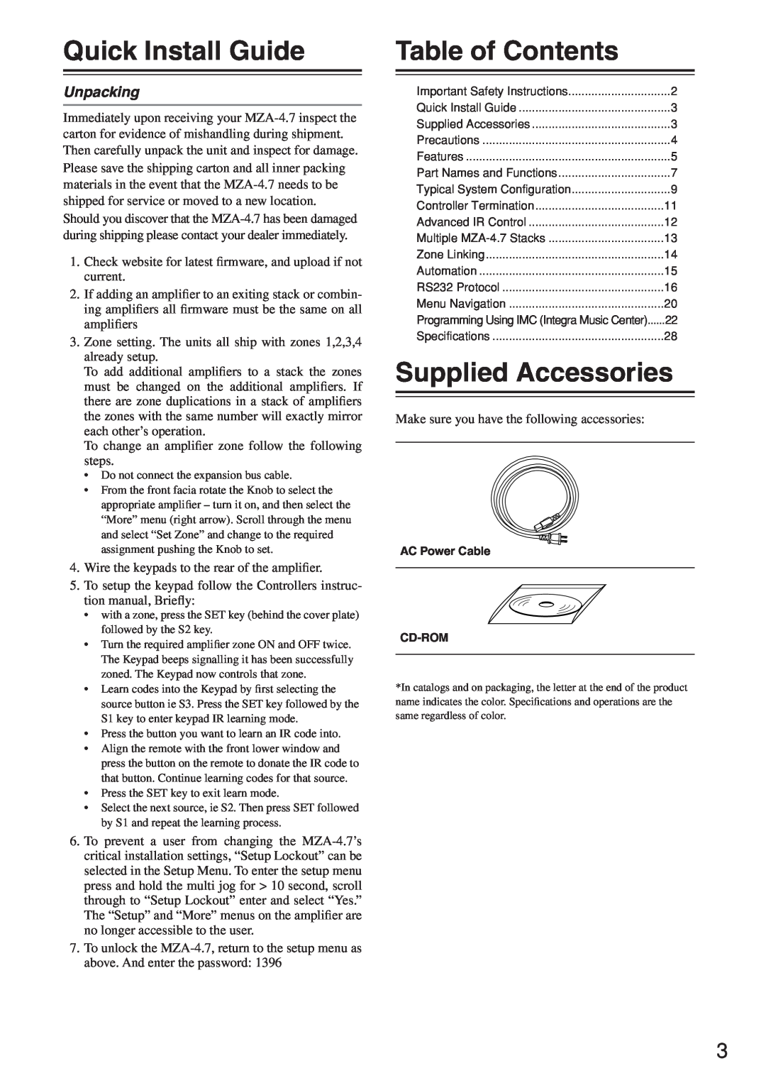 Integra MZA-4.7 instruction manual Quick Install Guide, Table of Contents, Supplied Accessories, Unpacking 