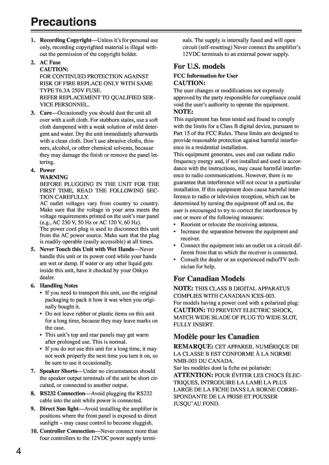 Integra MZA-4.7 instruction manual Precautions, For U.S. models, For Canadian Models, Modèle pour les Canadien 