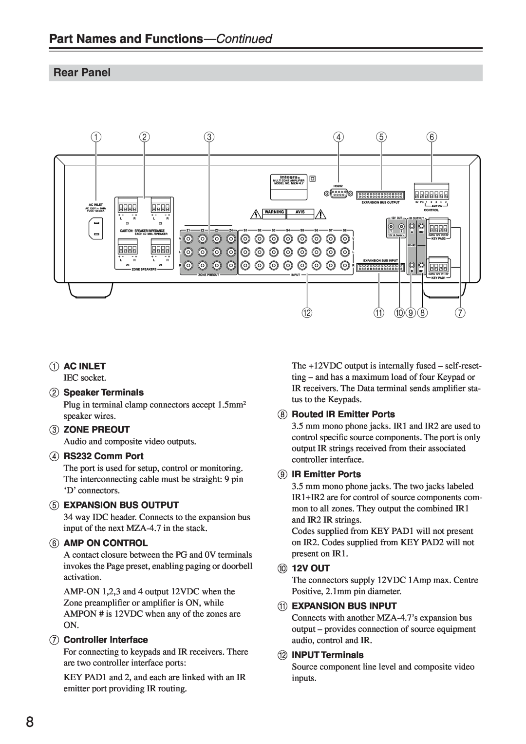 Integra MZA-4.7 instruction manual Part Names and Functions-Continued, Rear Panel, L K J98 
