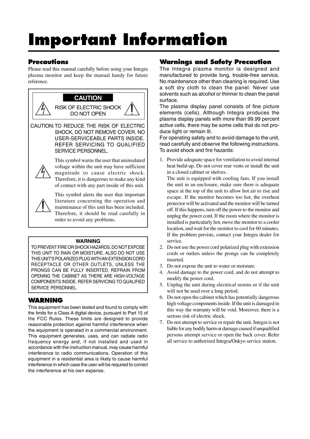 Integra PLA-50V1 instruction manual Important Information, Precautions 