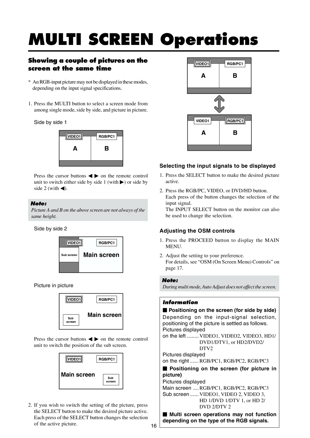 Integra PLA-50V1 instruction manual Multi Screen Operations, Showing a couple of pictures on the screen at the same time 