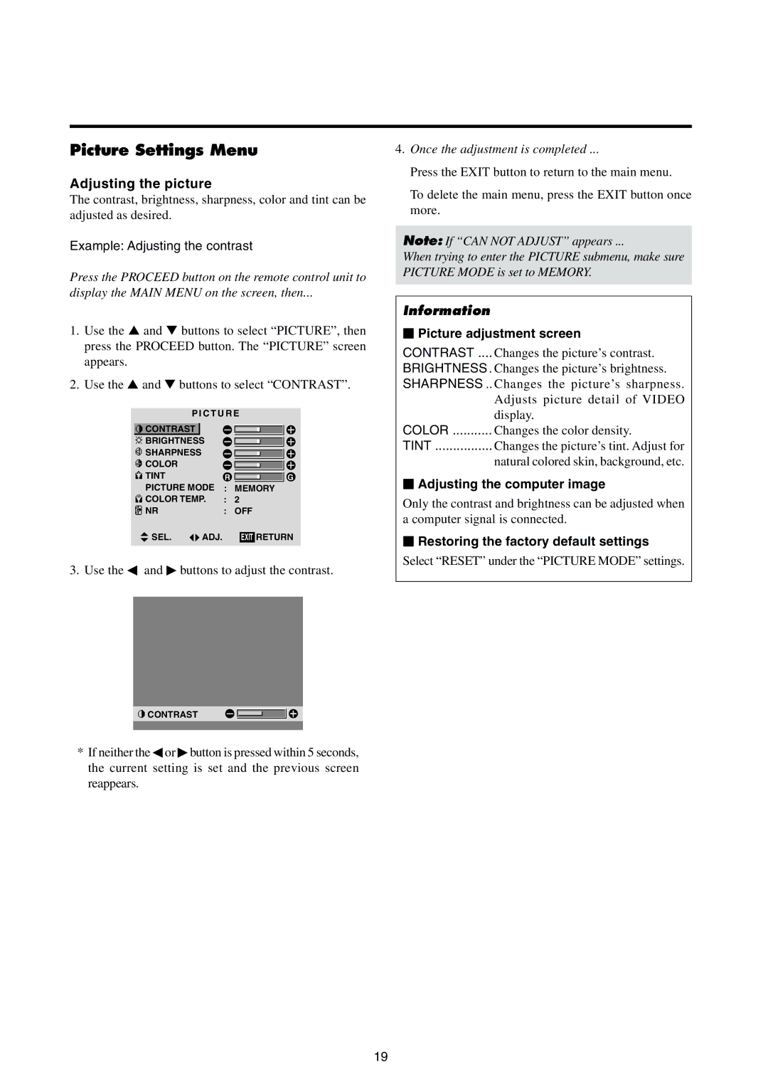 Integra PLA-50V1 Picture Settings Menu, Adjusting the picture,  Picture adjustment screen,  Adjusting the computer image 