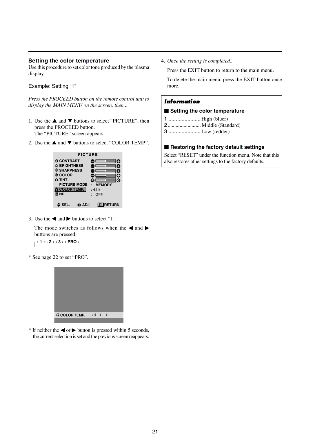 Integra PLA-50V1 instruction manual Setting the color temperature, Example Setting, Once the setting is completed 