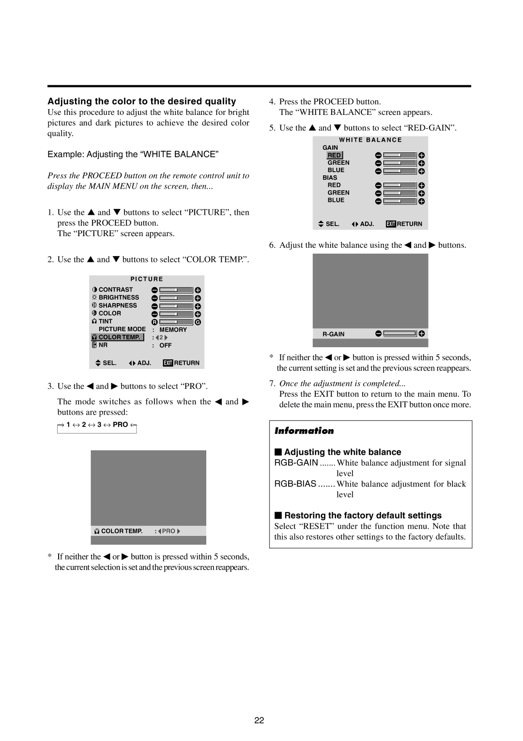 Integra PLA-50V1 instruction manual Example Adjusting the White Balance,  Adjusting the white balance 