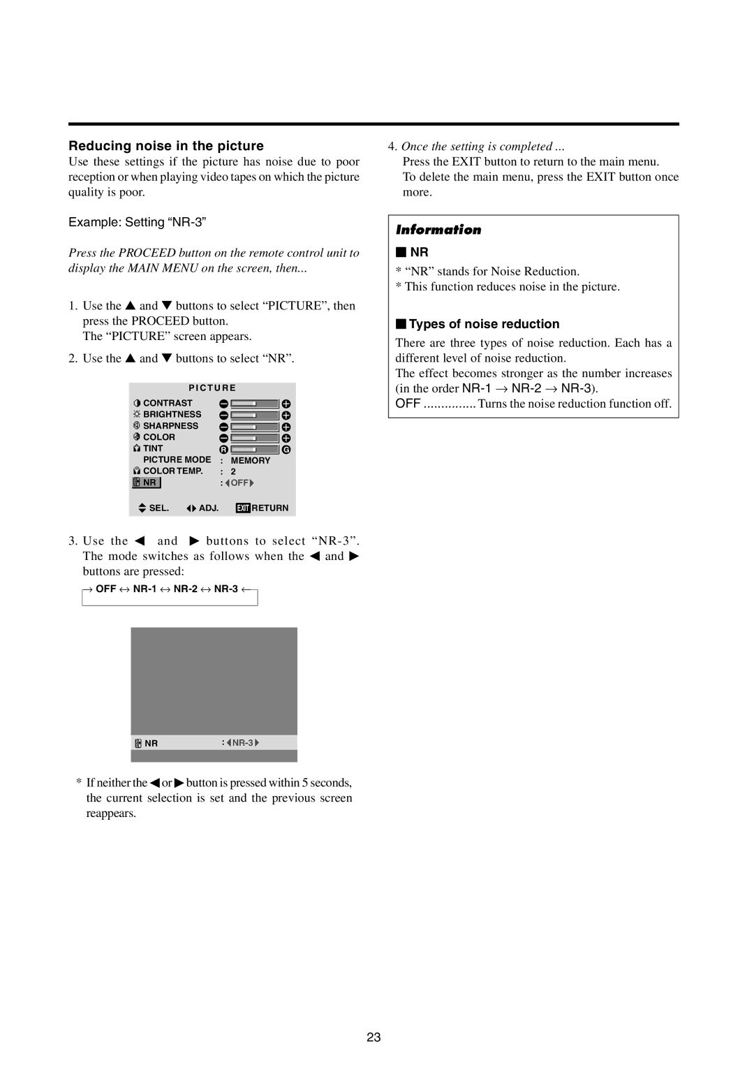 Integra PLA-50V1 instruction manual Reducing noise in the picture, Example Setting NR-3,  Nr,  Types of noise reduction 