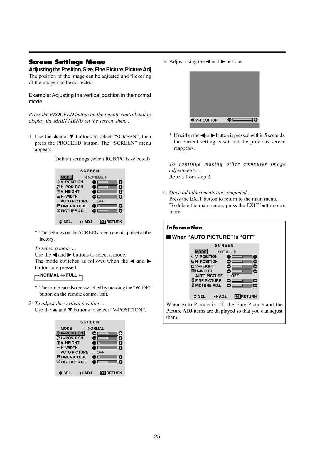 Integra PLA-50V1 Screen Settings Menu, Adjusting the Position,Size,Fine Picture,Picture Adj, When Auto Picture is OFF 