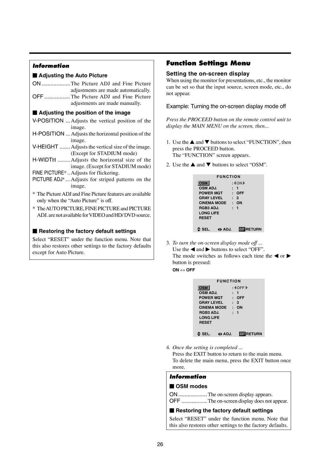 Integra PLA-50V1 instruction manual Function Settings Menu, Setting the on-screen display 