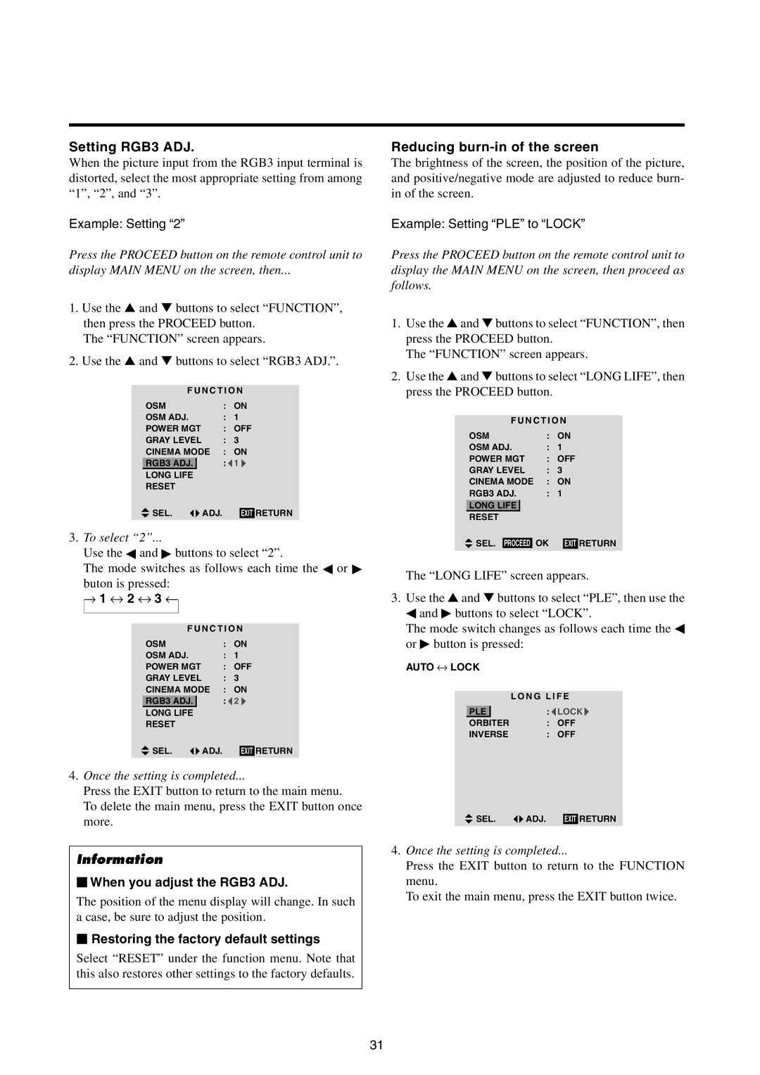 Integra PLA-50V1 Setting RGB3 ADJ, Reducing burn-in of the screen, Example Setting PLE to Lock, To select 