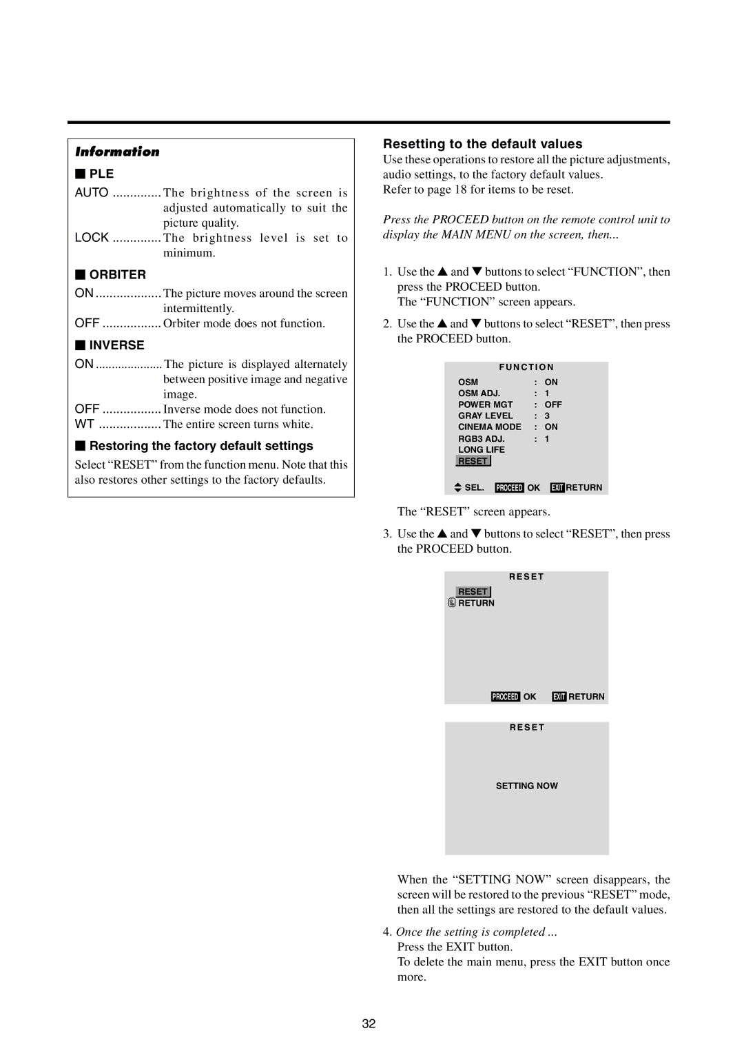 Integra PLA-50V1 instruction manual Resetting to the default values, Ple, Orbiter, Inverse 