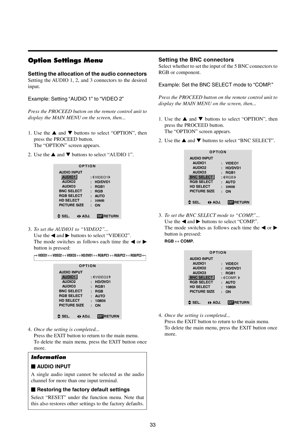 Integra PLA-50V1 Option Settings Menu, Setting the allocation of the audio connectors, Setting the BNC connectors 