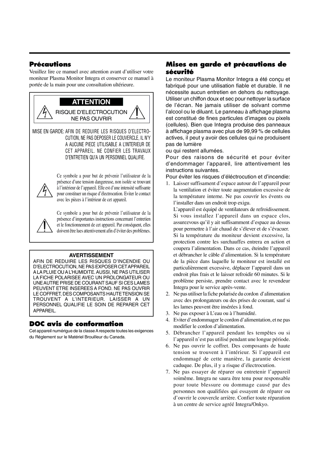 Integra PLA-50V1 Précautions, DOC avis de conformation, Mises en garde et précautions de sécurité, Avertissement 