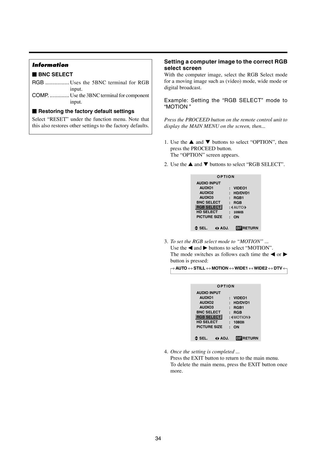 Integra PLA-50V1 instruction manual Setting a computer image to the correct RGB select screen, BNC Select 