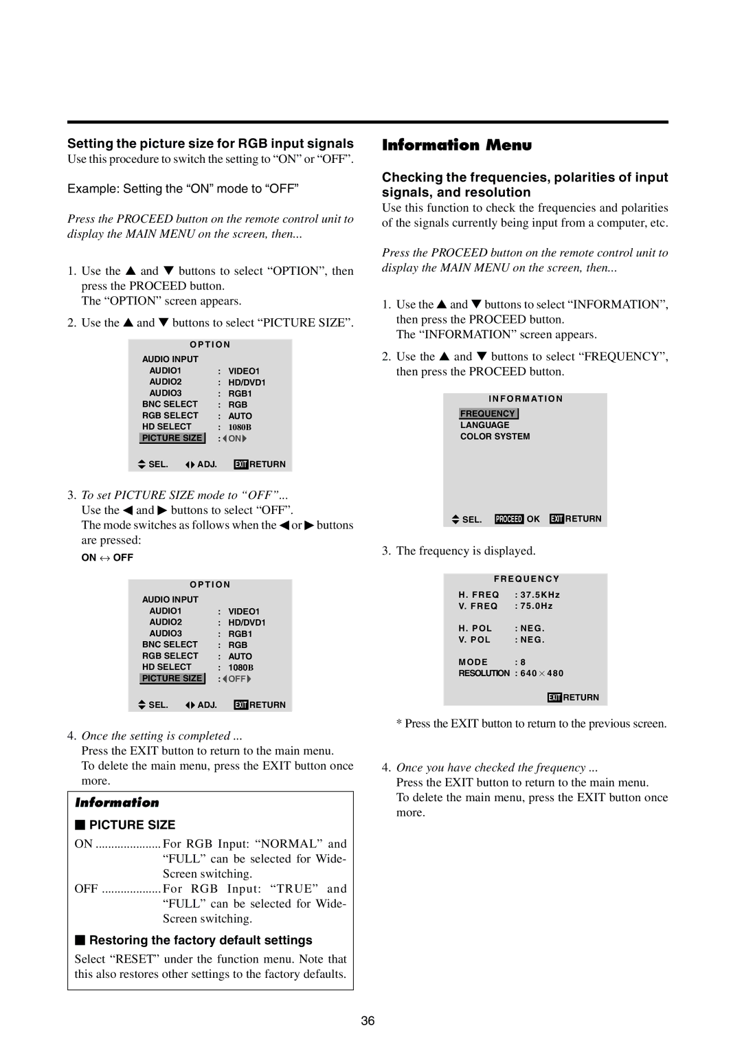 Integra PLA-50V1 Information Menu, Setting the picture size for RGB input signals, Example Setting the on mode to OFF 