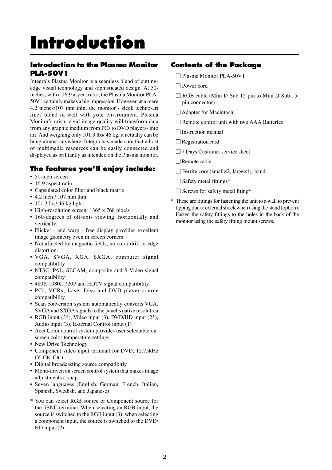 Integra Introduction to the Plasma Monitor PLA-50V1, Features you’ll enjoy include, Contents of the Package 