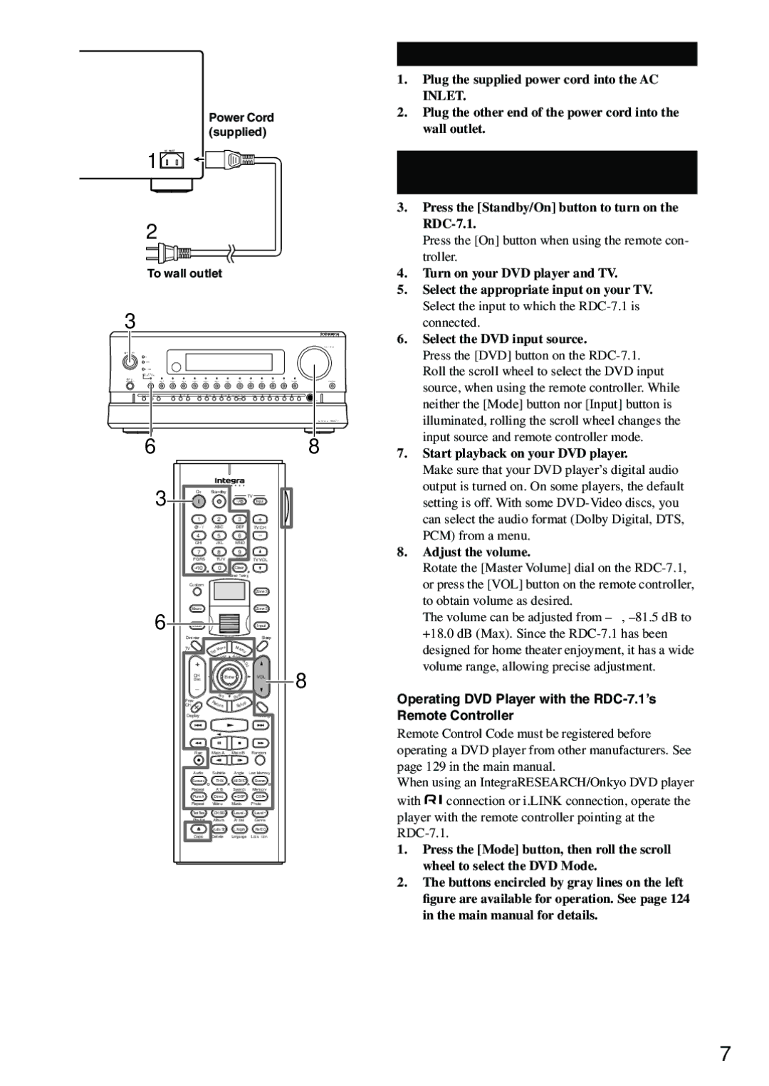 Integra Connecting the Supplied Power Cord, Turning On the RDC-7.1 and playing DVD, Start playback on your DVD player 