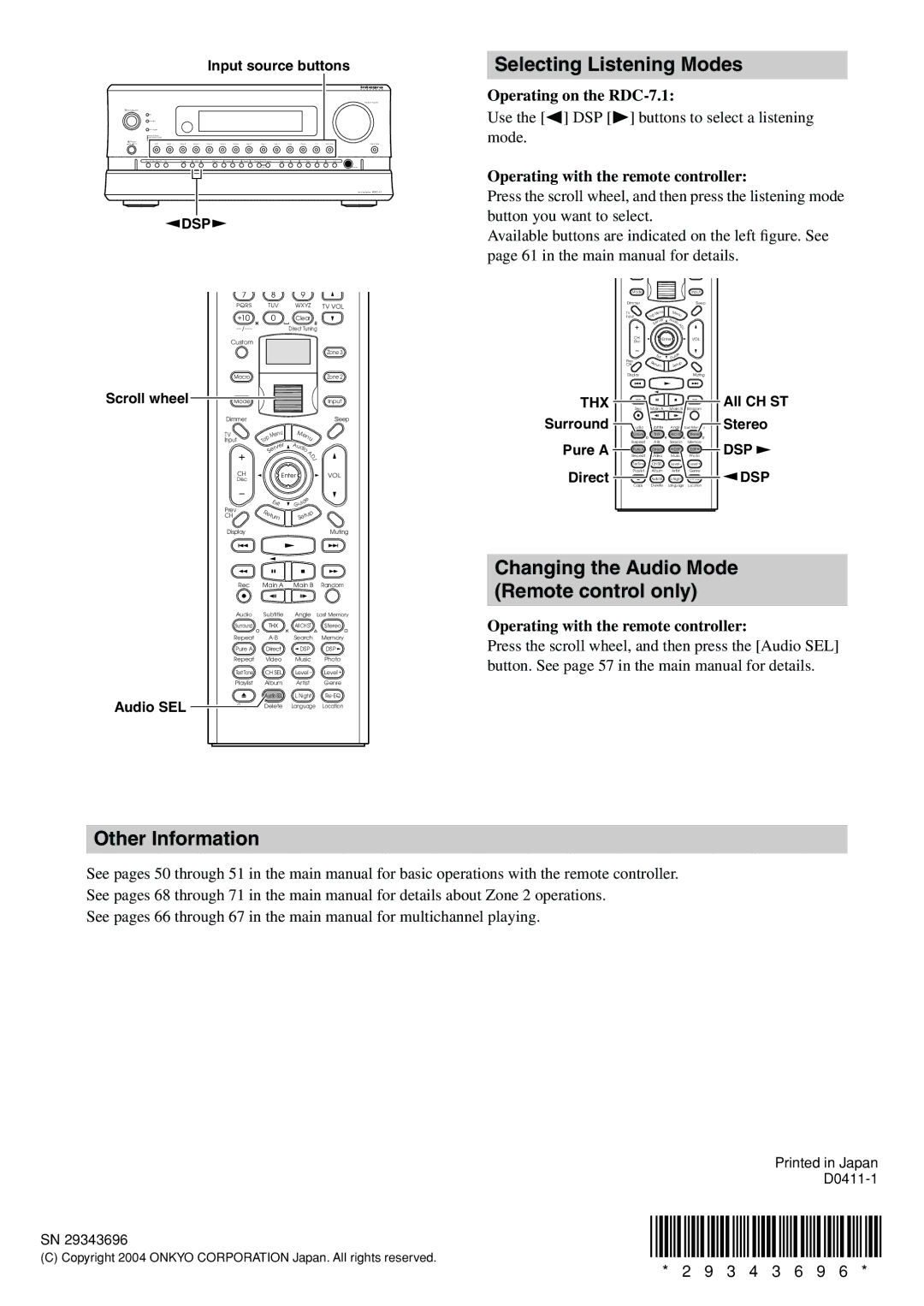 Integra RDC-7.1 Selecting Listening Modes, Changing the Audio Mode Remote control only, Other Information 