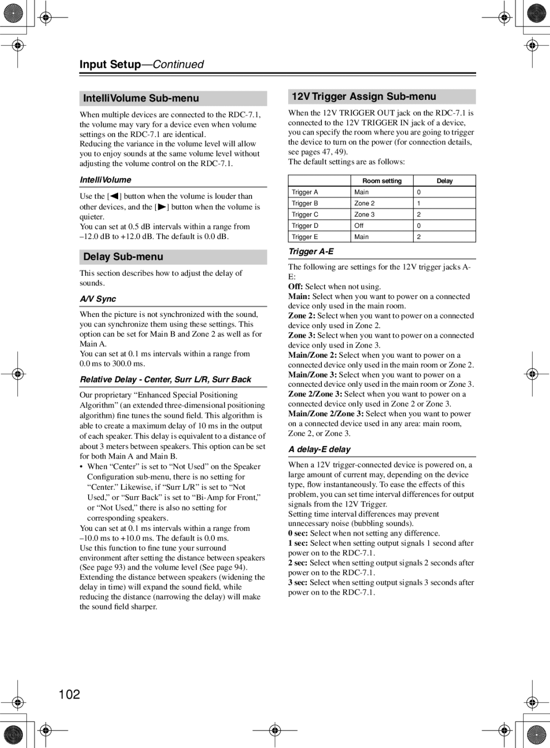 Integra RDC-7.1 instruction manual 102, 12V Trigger Assign Sub-menu, IntelliVolume Sub-menu, Delay Sub-menu 