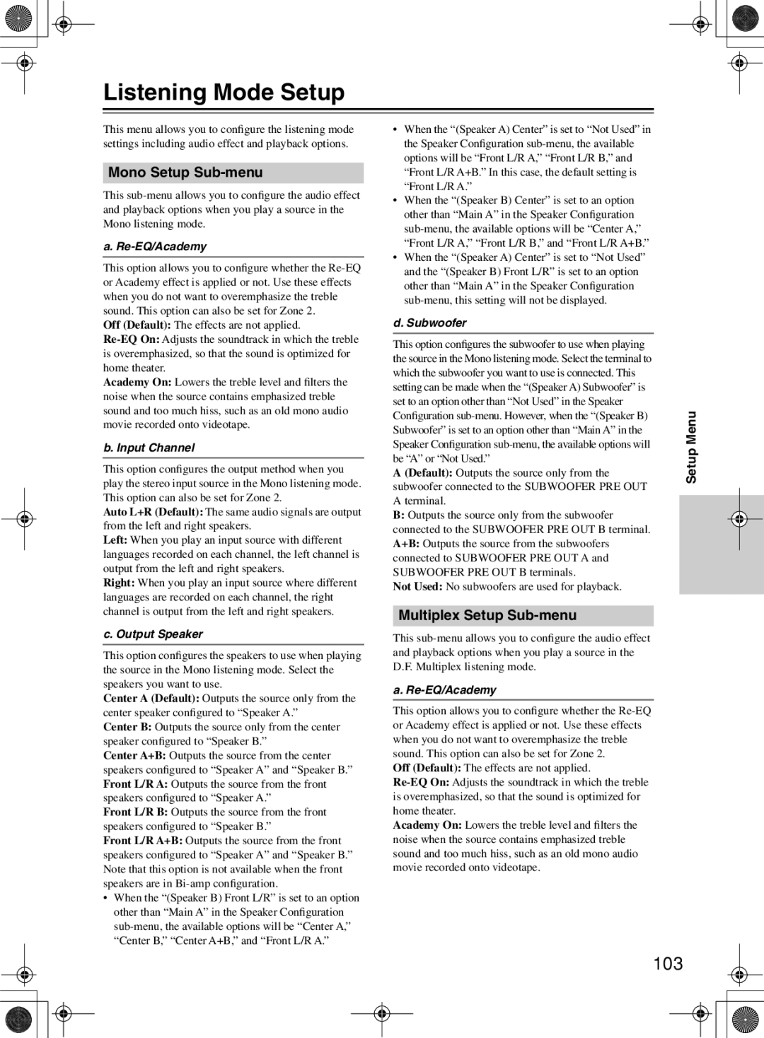 Integra RDC-7.1 instruction manual Listening Mode Setup, 103, Mono Setup Sub-menu, Multiplex Setup Sub-menu 