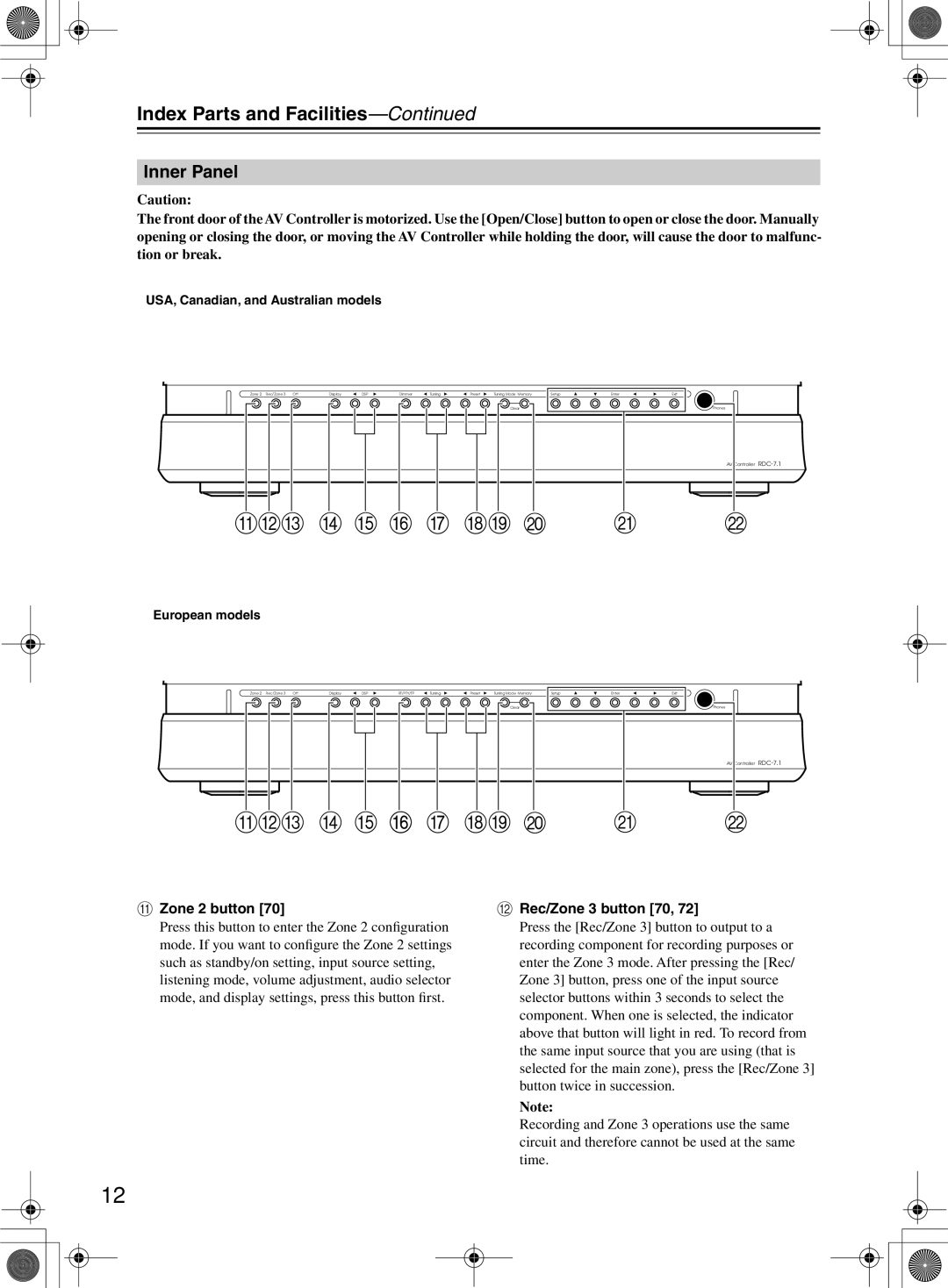 Integra RDC-7.1 Inner Panel, Zone 2 button Rec/Zone 3 button 70, USA, Canadian, and Australian models, European models 