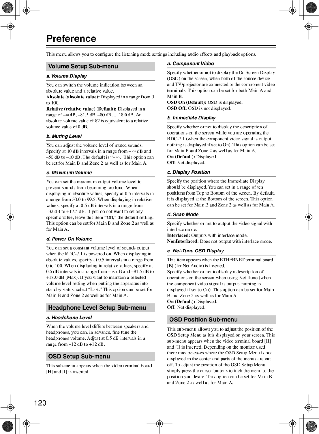 Integra RDC-7.1 instruction manual Preference, 120 