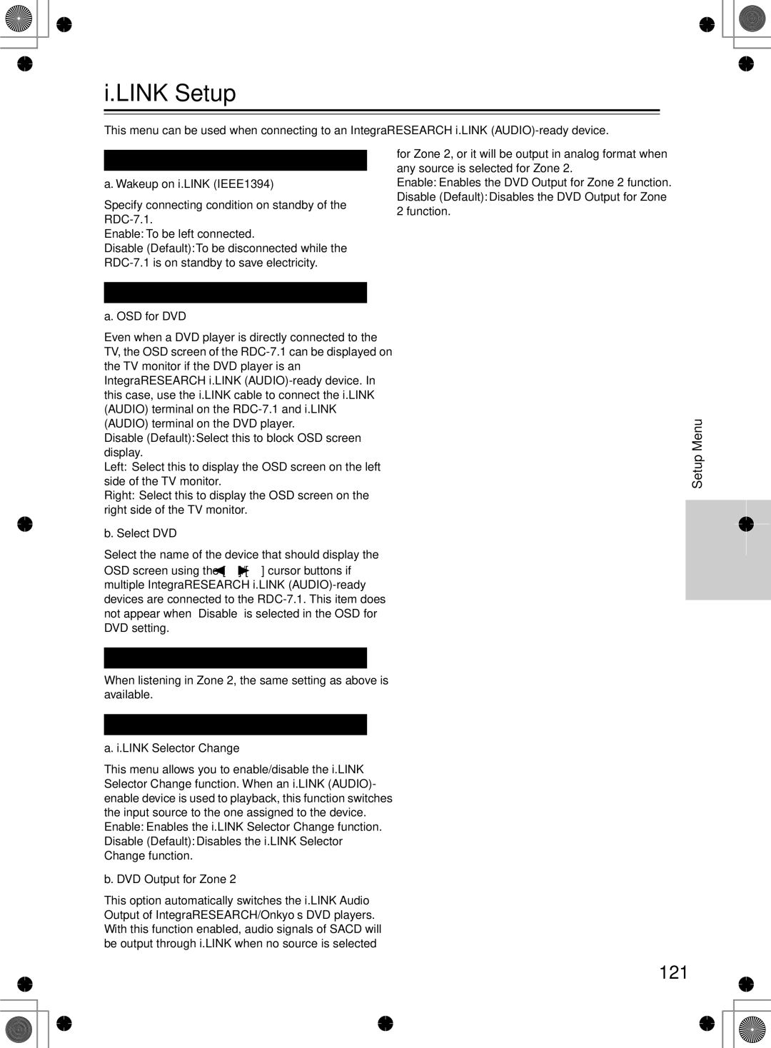 Integra RDC-7.1 instruction manual Link Setup, 121 