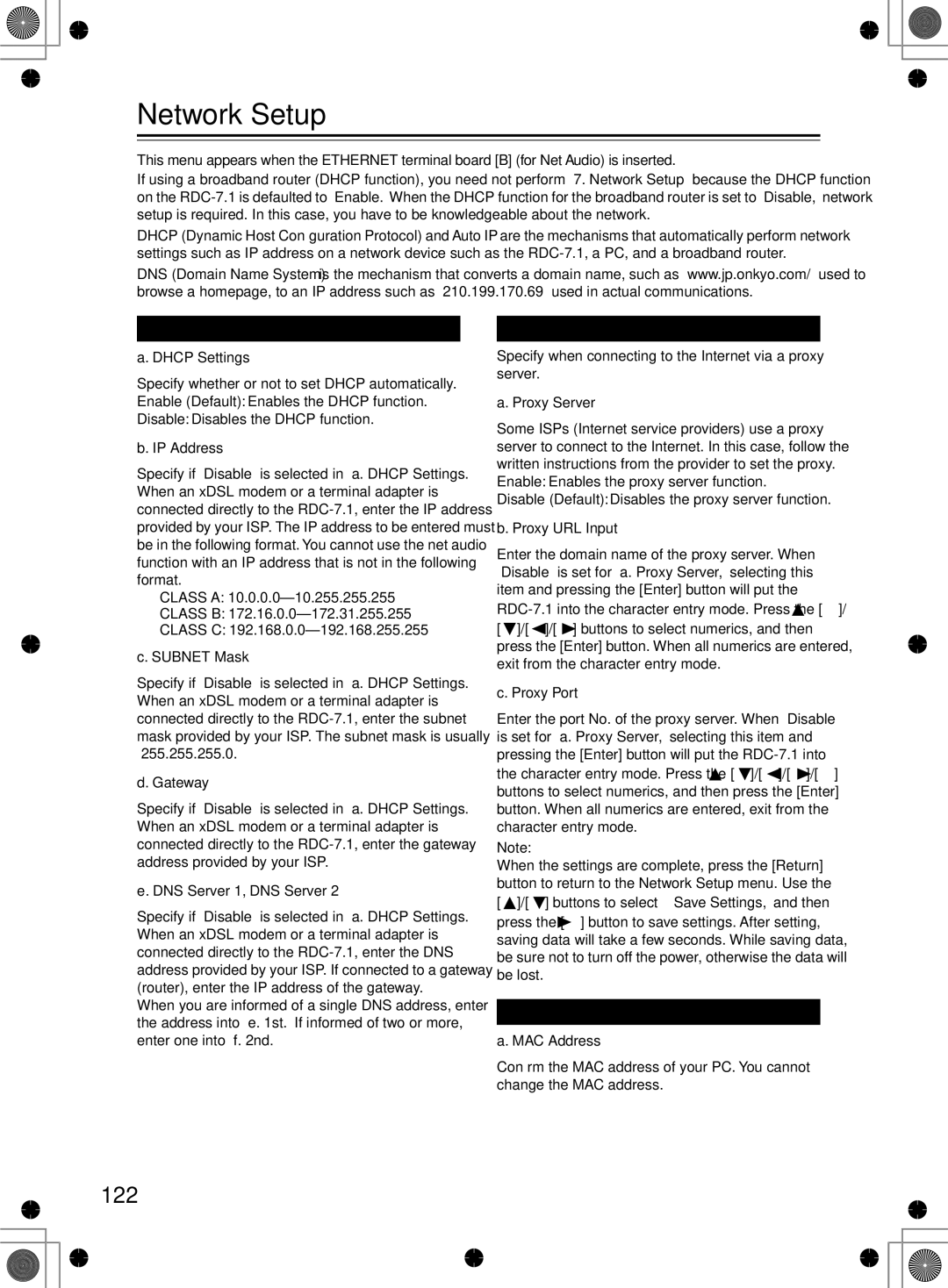 Integra RDC-7.1 instruction manual Network Setup, 122, IP Address Sub-menu, Proxy Sub-menu, MAC Address Sub-menu 