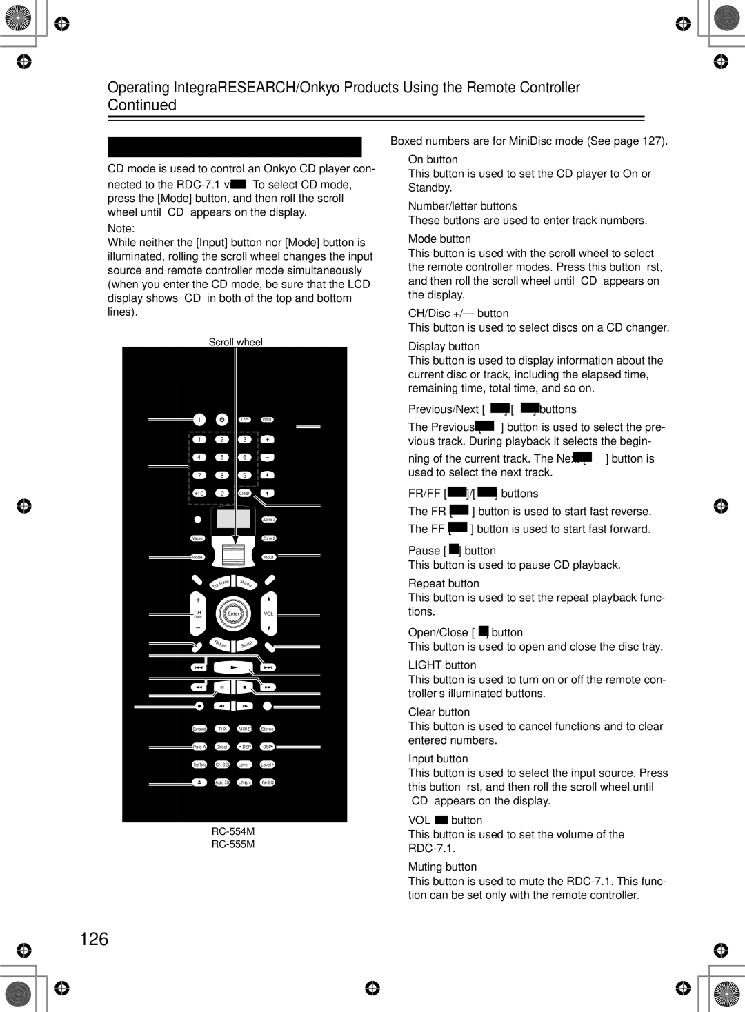 Integra RDC-7.1 instruction manual 126, CD Mode, Previous/Next / buttons, FR/FF Buttons 