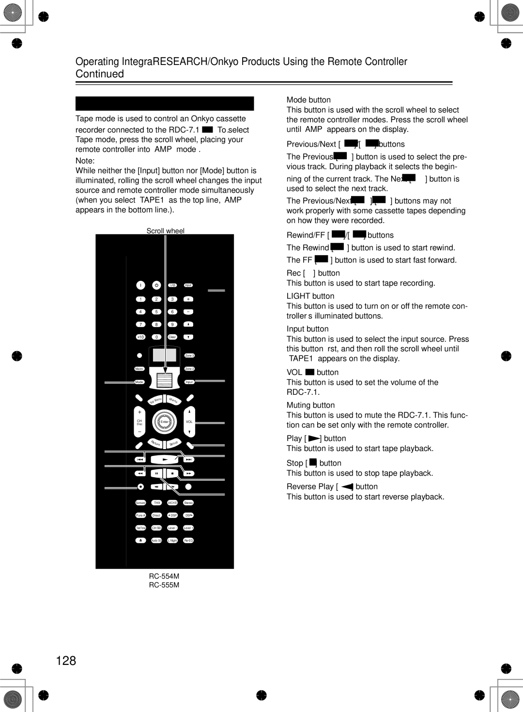 Integra RDC-7.1 instruction manual 128, Tape Mode, Rewind/FF Buttons, Reverse Play button 