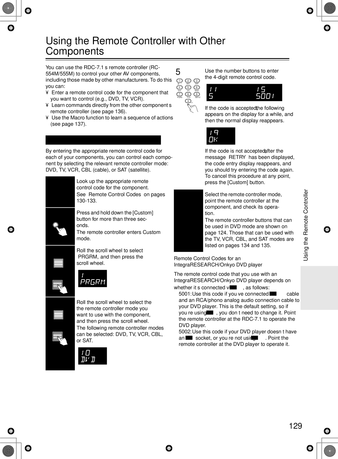 Integra RDC-7.1 instruction manual Using the Remote Controller with Other Components, 129, Entering a Remote Control Code 