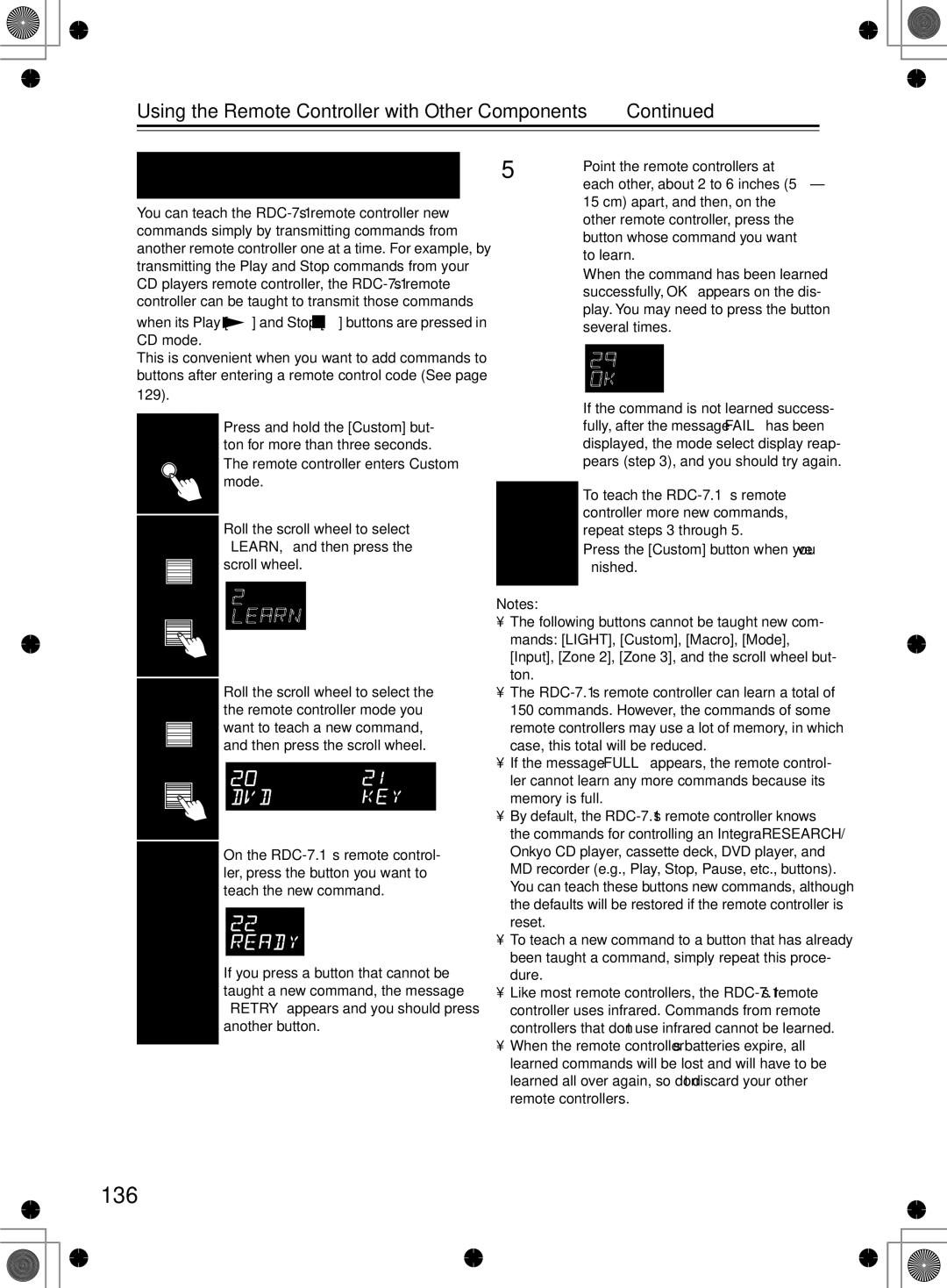 Integra RDC-7.1 instruction manual 136, Learning Commands from Another Remote Controller 