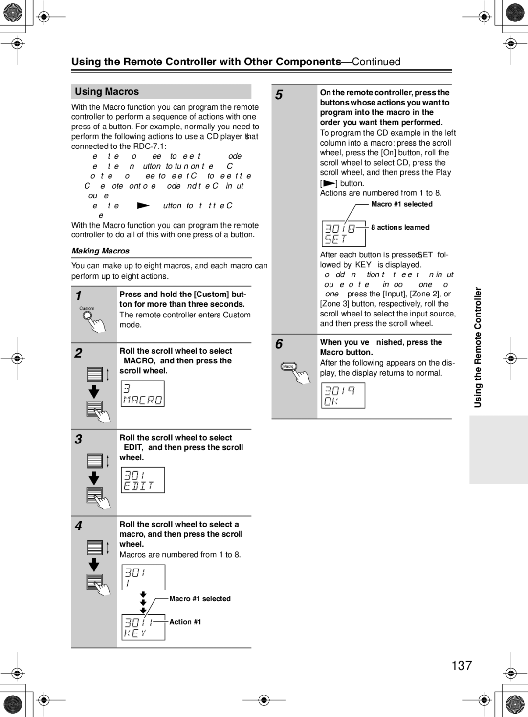 Integra RDC-7.1 instruction manual 137, Using Macros, Making Macros 