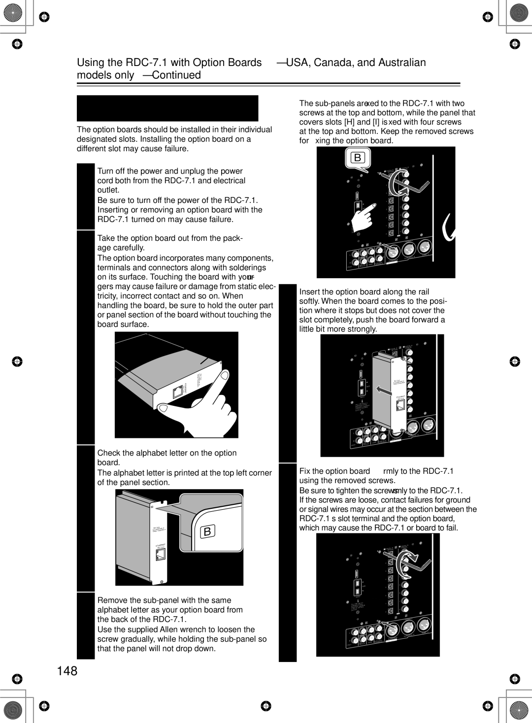 Integra RDC-7.1 instruction manual 148, Installing the Option Boards USA and Australian Models Only 