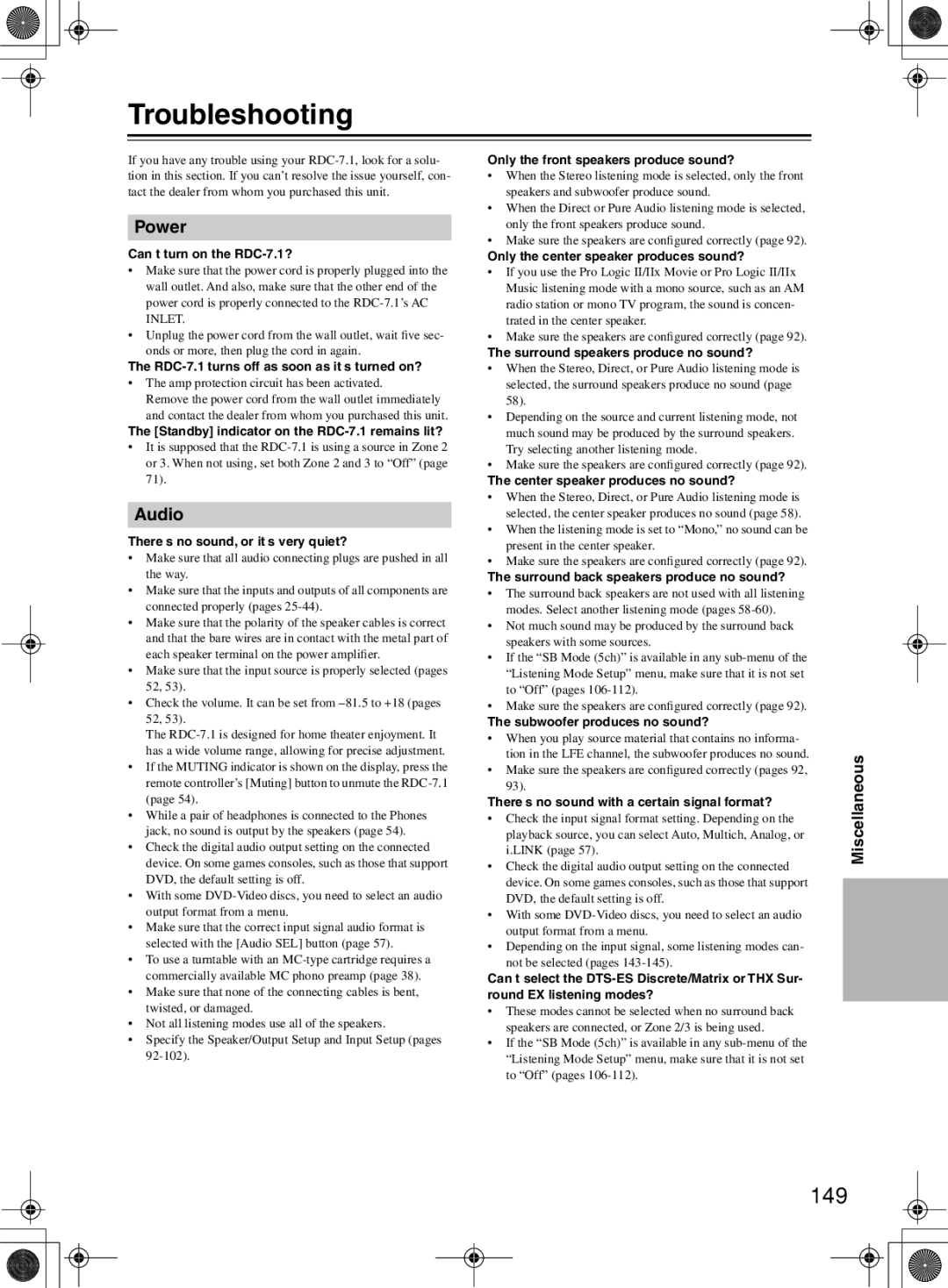 Integra RDC-7.1 instruction manual Troubleshooting, 149, Power, Audio 