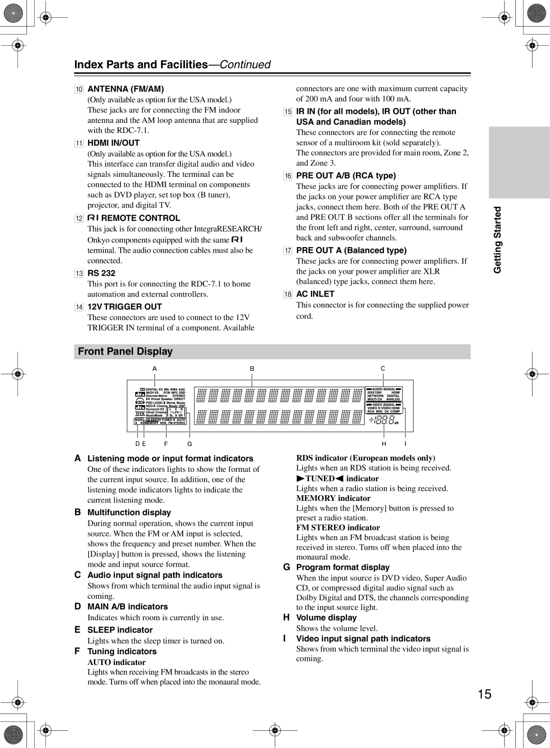 Integra RDC-7.1 instruction manual Front Panel Display 