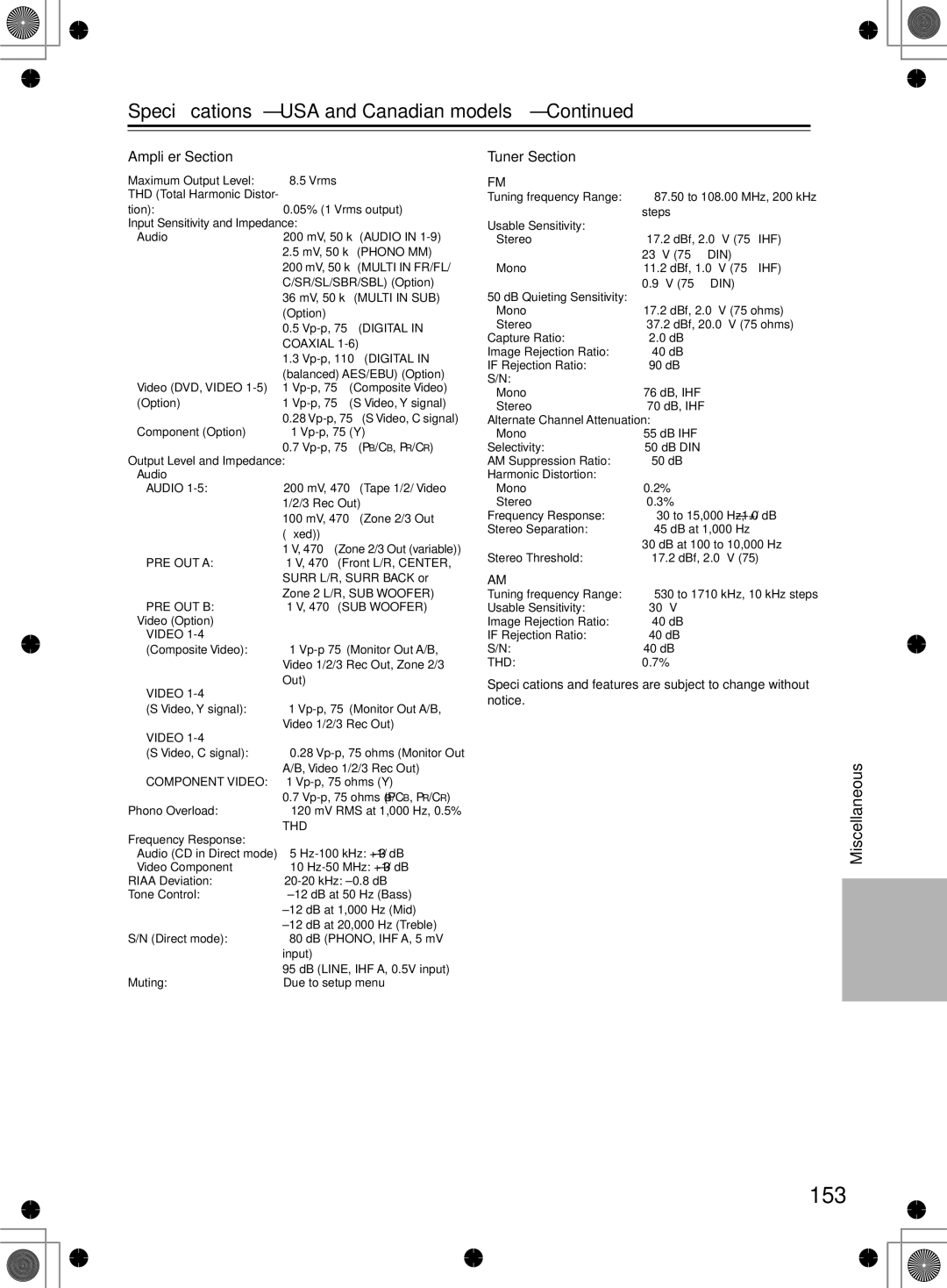 Integra RDC-7.1 instruction manual 153, Speciﬁcations USA and Canadian models, Ampliﬁer Section, Tuner Section 