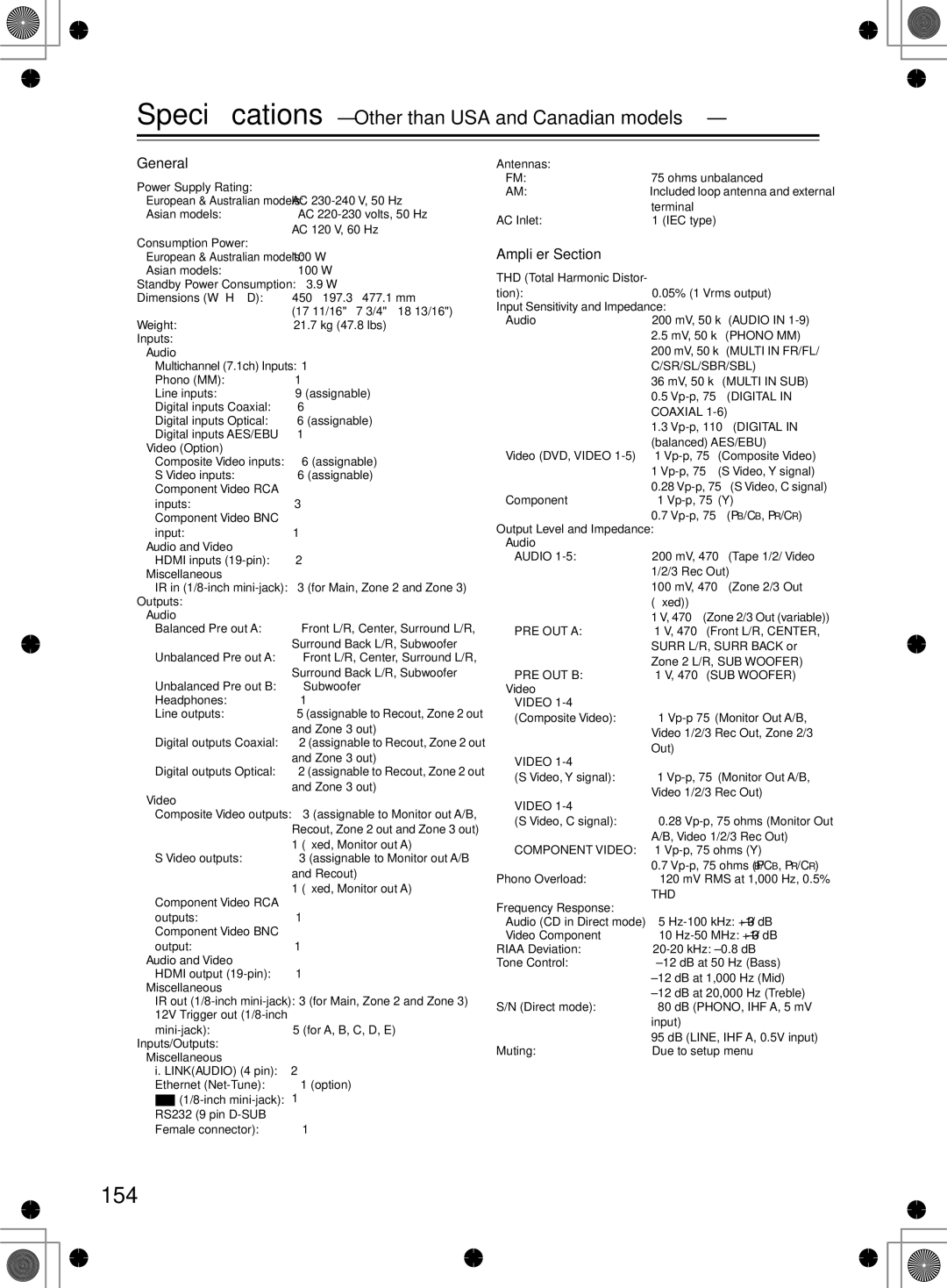 Integra RDC-7.1 instruction manual 154, Speciﬁcations Other than USA and Canadian models 