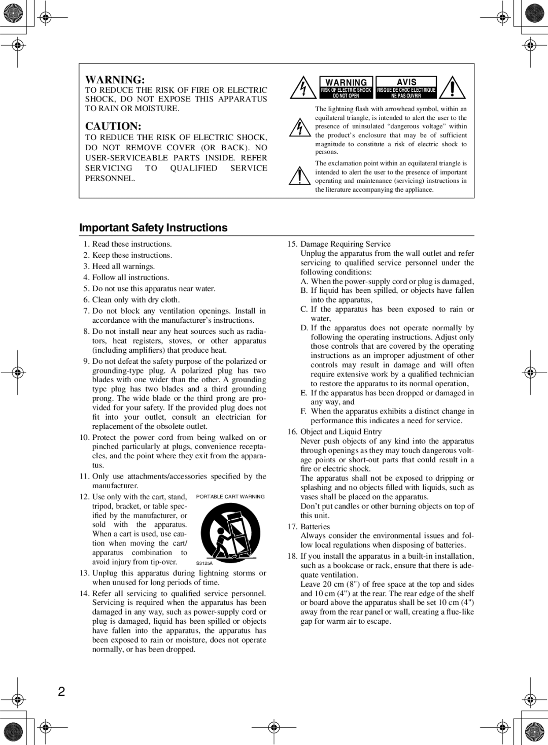 Integra RDC-7.1 instruction manual Important Safety Instructions, Avis 